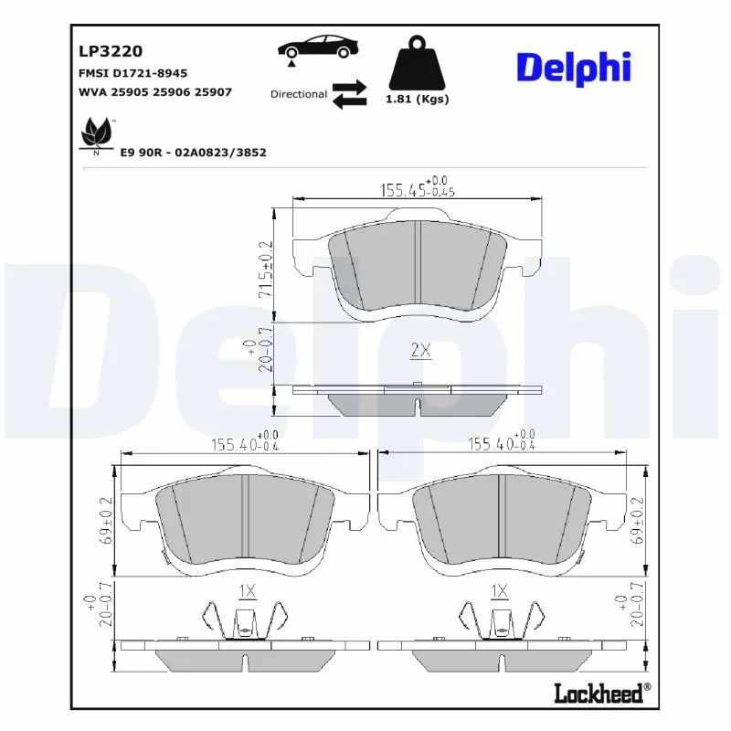Sada brzdových destiček, kotoučová brzda DELPHI LP3220