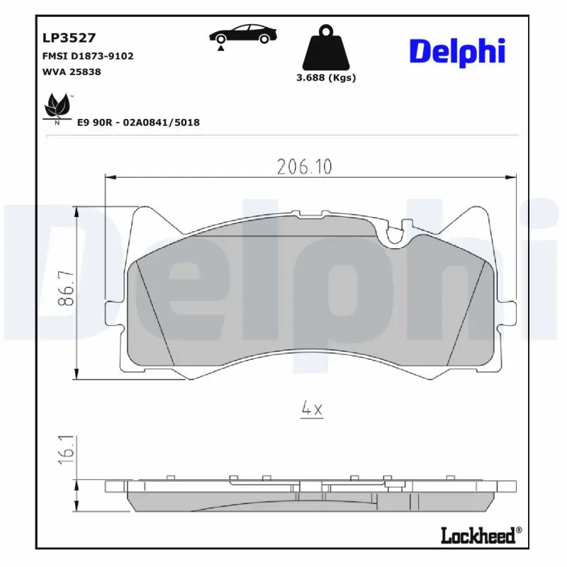 DELPHI Sada brzdových destiček, kotoučová brzda LP3527