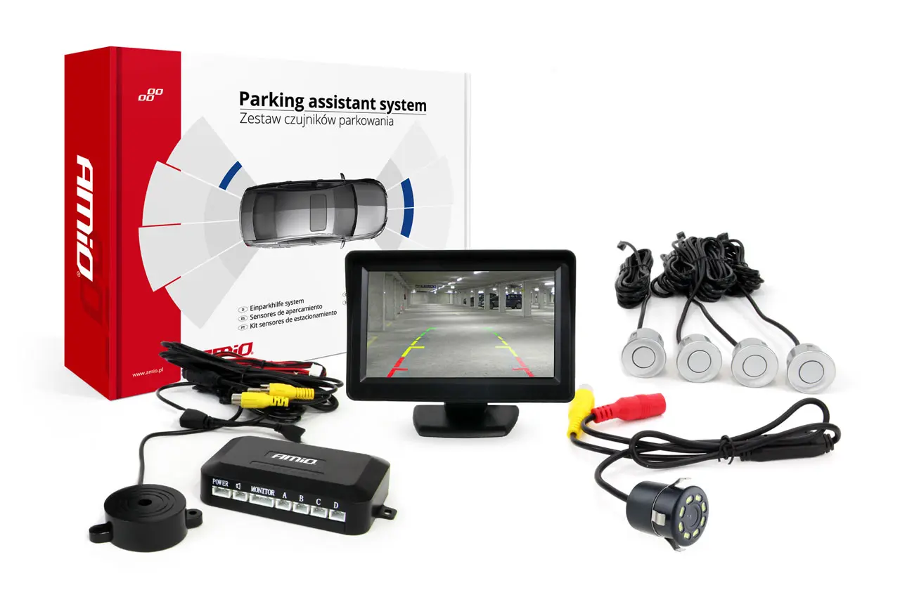 Parkovací asistent LCD 4,3" s kamerou CAM-308 LED, 4 senzory, stříbrný