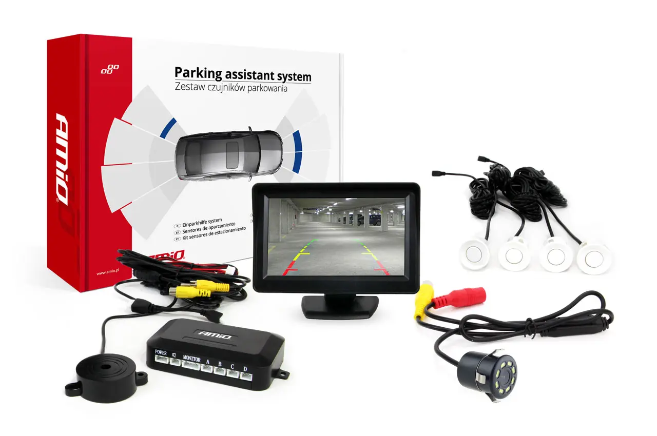 Parkovací asistent LCD 4,3" s kamerou CAM-308 LED, 4 senzory bílé barvy