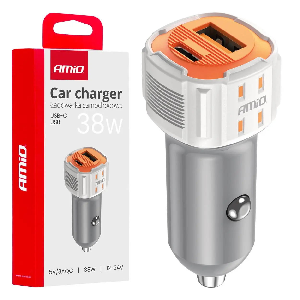 Nabíječka do auta USB-A + USB-C 38W 12/24V AMiO-03883