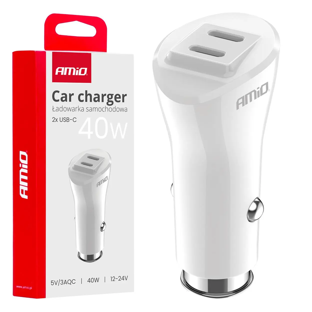 Nabíječka do auta 2xUSB-C 40W 12/24V AMiO-03884
