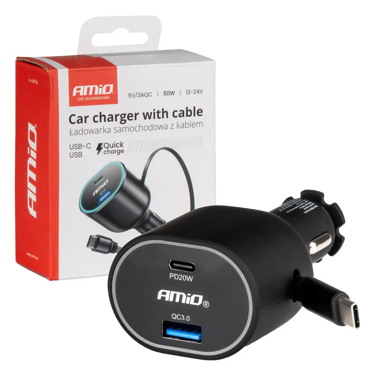Nabíjačka do auta Quick Charge s navíjacím káblom AMiO-04176
