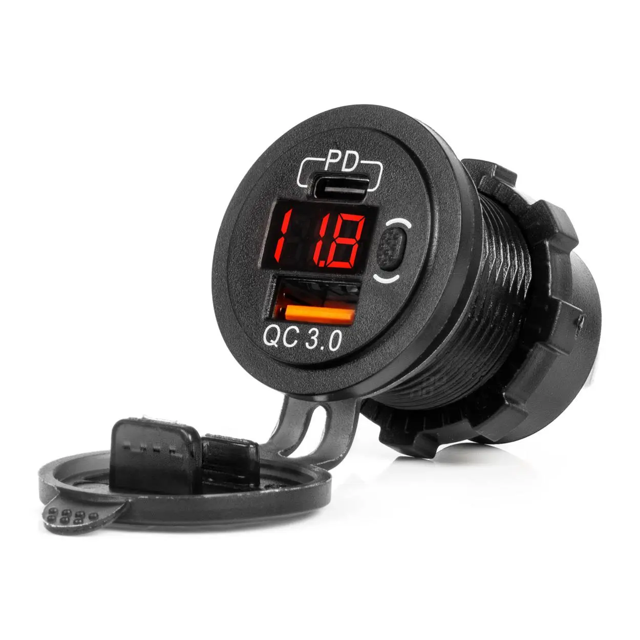 Vodotesná nabíjačka so spínačom, digitálnym voltometrom ČERVENÝ LED indikátor USB + USB C QC3.0 12/24V AMiO-04222
