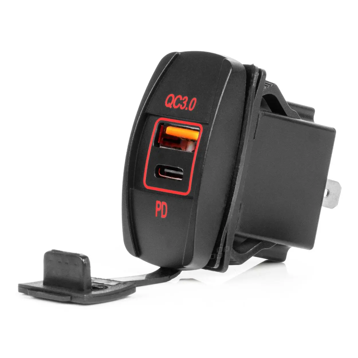 Vodotesná nabíjačka na telefón v tvare lode s ČERVENÝM LED podsvietením USB + USB C QC3.0 12/24V AMiO-04229