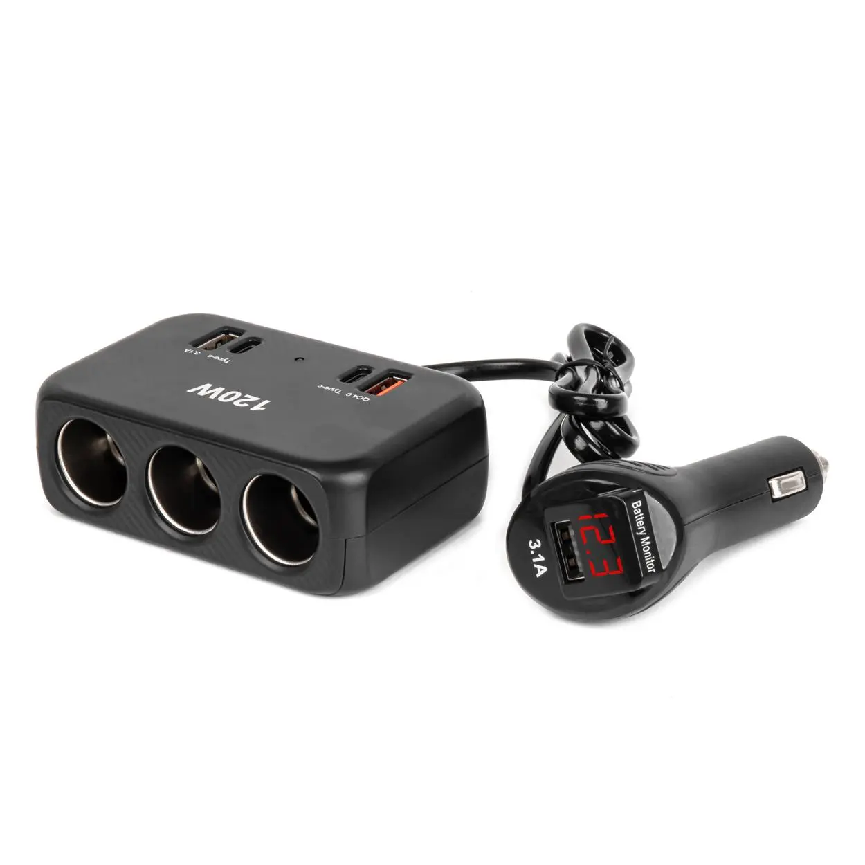 Prodlužovací zásuvka 2x USB-A 1x USB-C QC4.0 12/24V 120W 80cm AMiO-04366