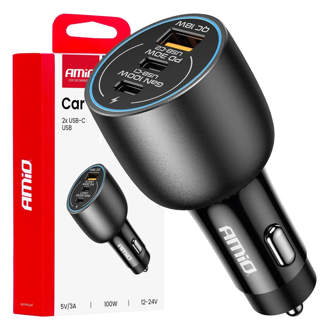 Nabíjačka do auta 2x USB C port + USB A port 12/24V 100W AMiO-04371