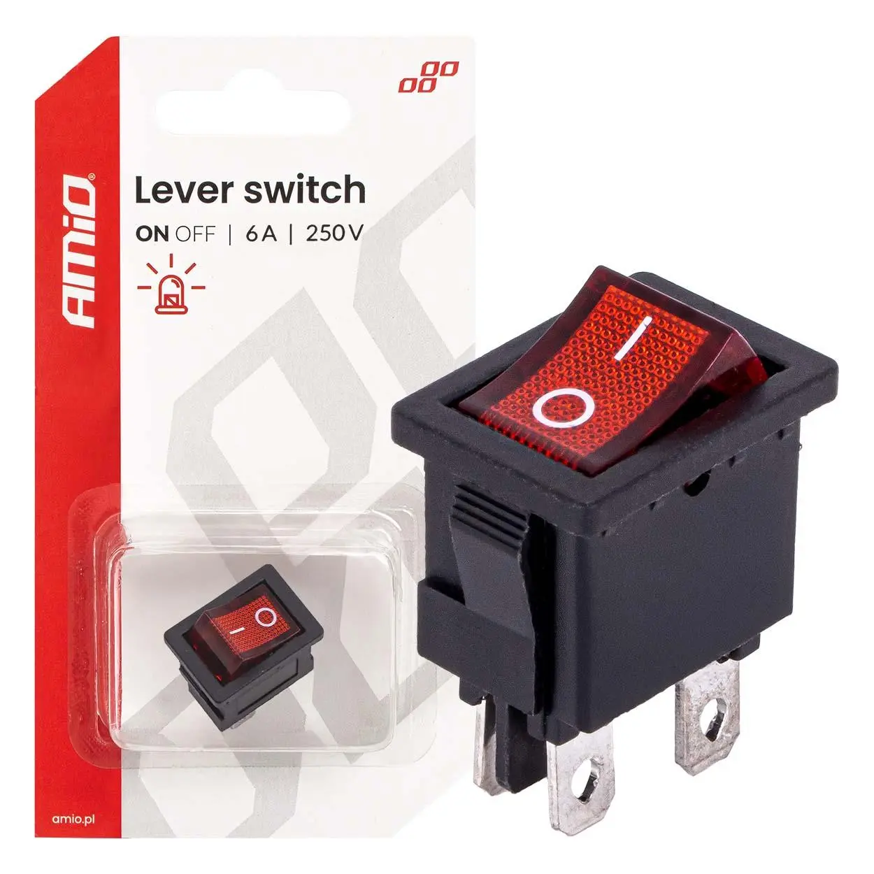 Přepínač kolébkový s červeným podsvícením 6A 250V AMiO-04439