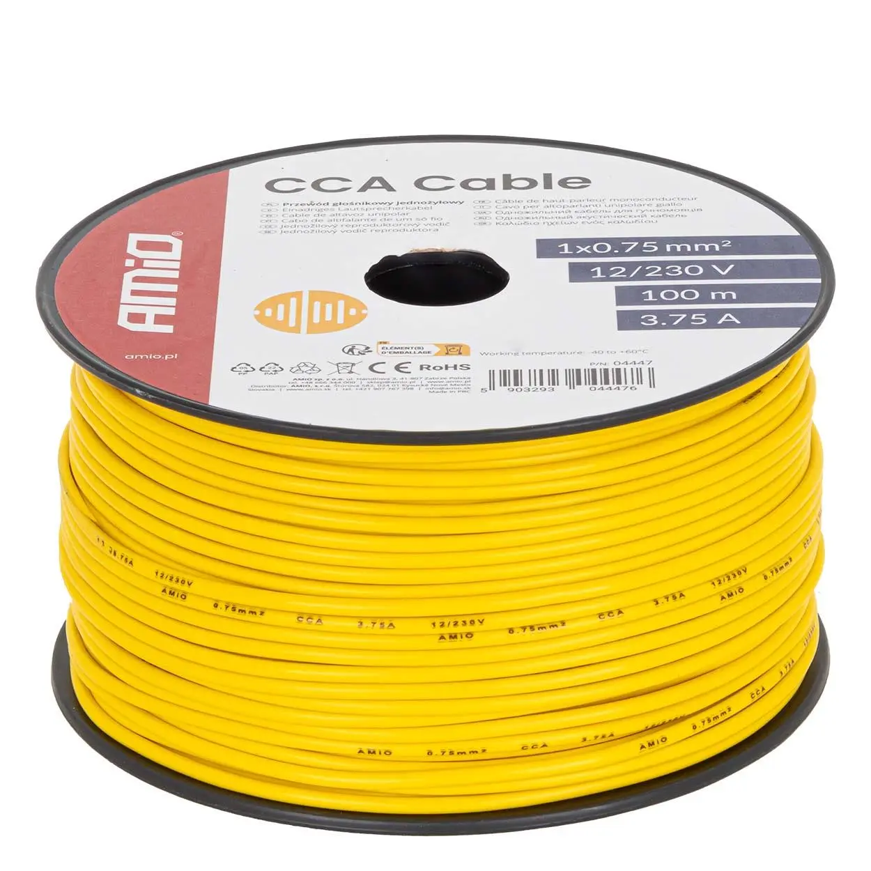 Reproduktorový kabel žlutý jednožilový CCA 1x0.75mm2 100m 3.75A 12/230V AMiO-04447