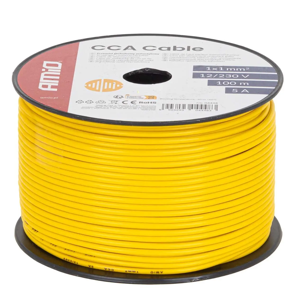 Reproduktorový kabel žlutý jednožilový CCA 1x1mm2 100m 5A 12/230V AMiO-04448