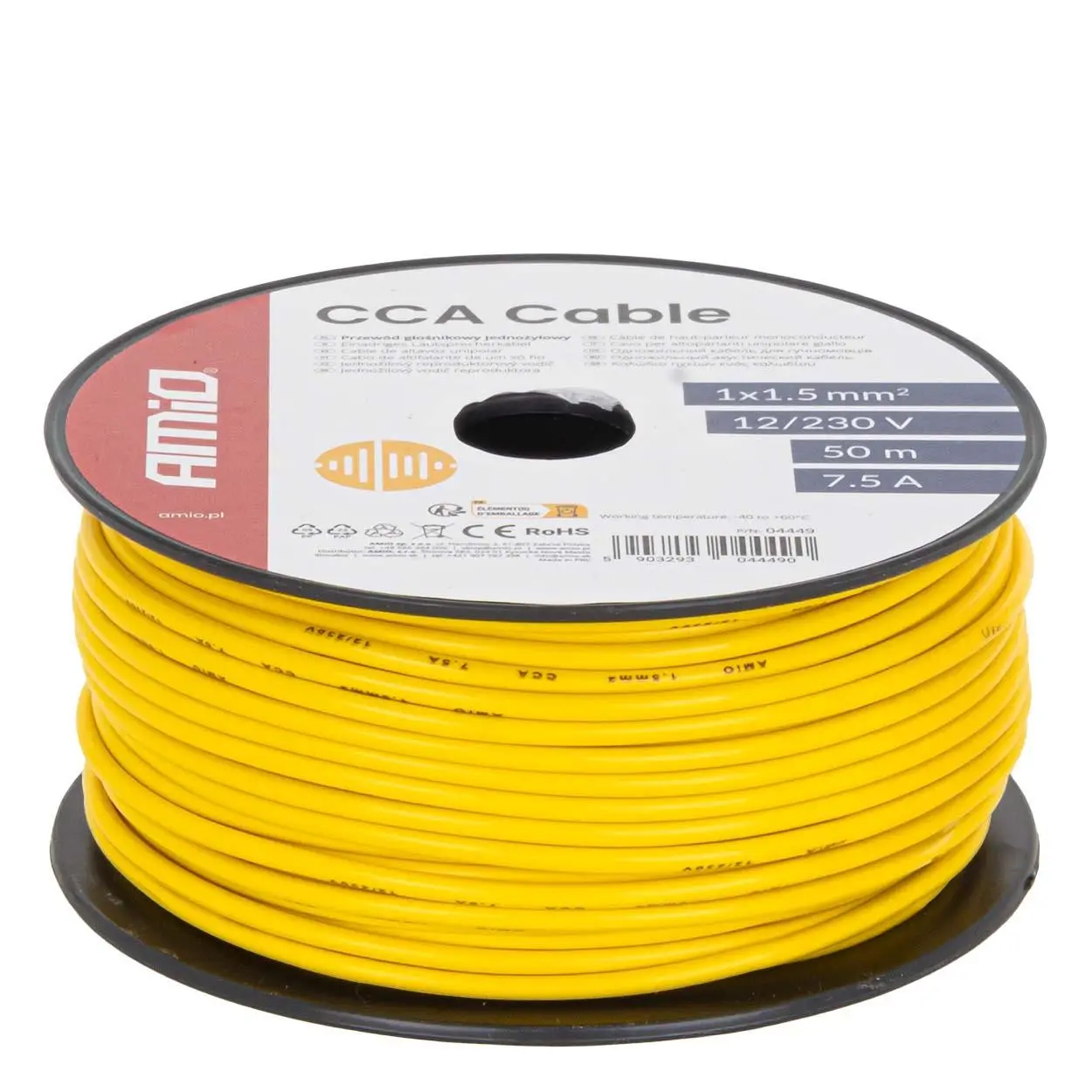Reproduktorový kabel žlutý jednožilový CCA 1x1.5mm2 50m 7.5A 12/230V AMiO-04449