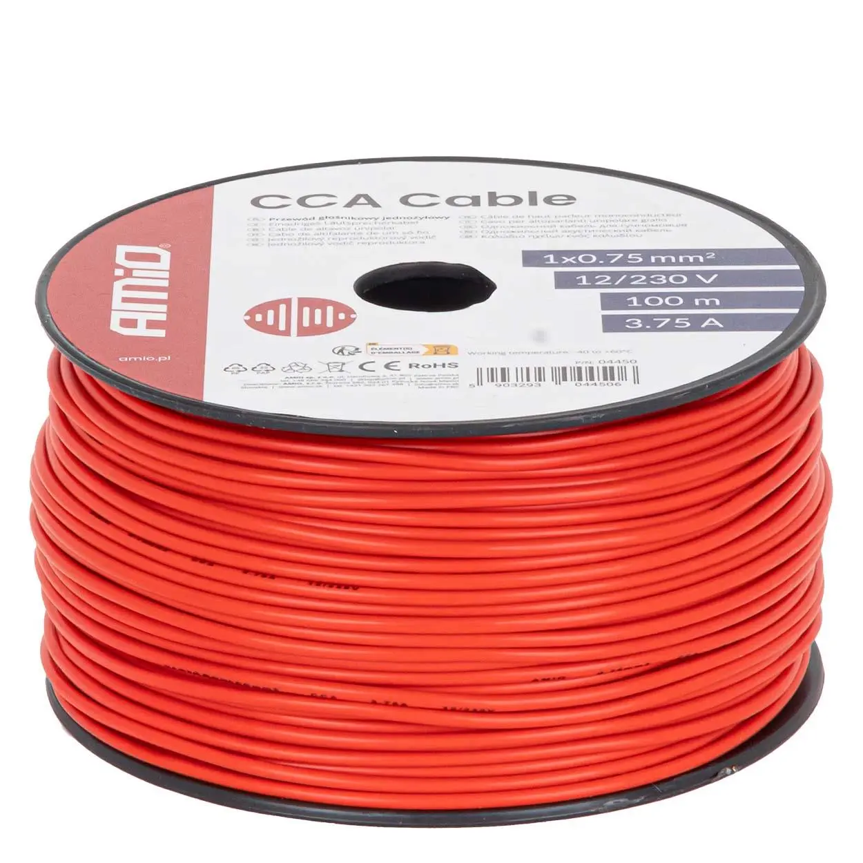 Reproduktorový kabel červený jednožilový CCA 1x0.75mm2 100m 3.75A 12/230V AMiO-04450