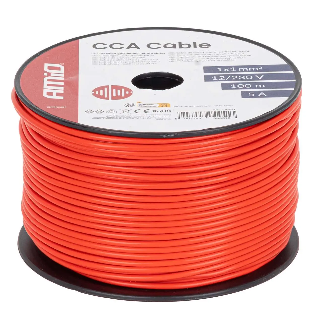 Reproduktorový kabel červený jednožilový CCA 1x1 mm2 100 m 5 A 12/230 V AMiO-04451