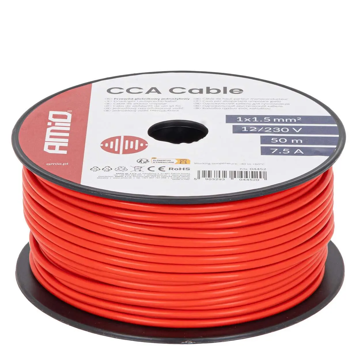 Reproduktorový kabel červený jednožilový CCA 1x1.5mm2 50m 7.5A 12/230V AMiO-04452