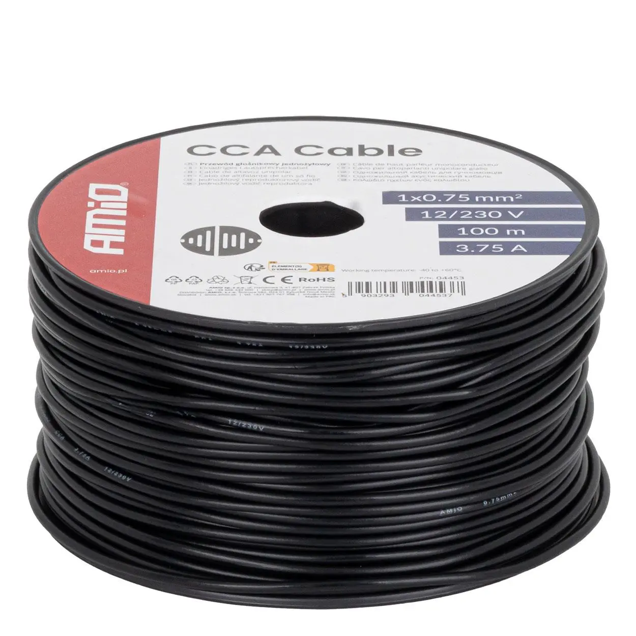 Reproduktorový kabel černý jednožilový 1x0,75 mm2 100 m 3,75 A 12/230 V AMiO-04453