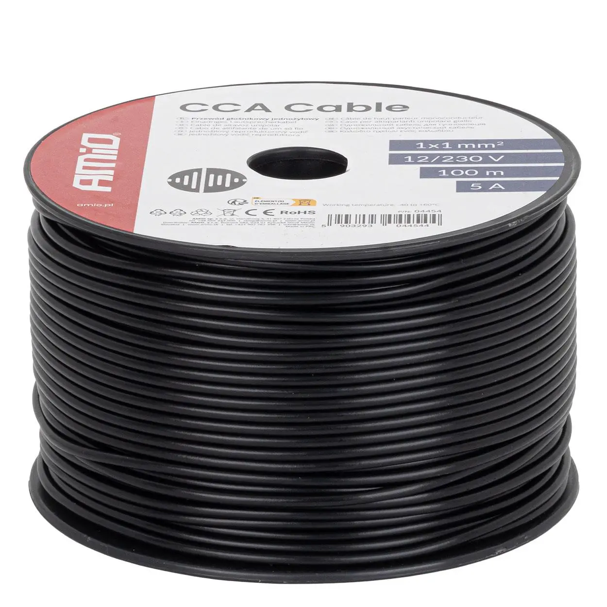 Reproduktorový kabel černý jednožilový CCA 1x1mm2 100m 5A 12/230V AMiO-04454