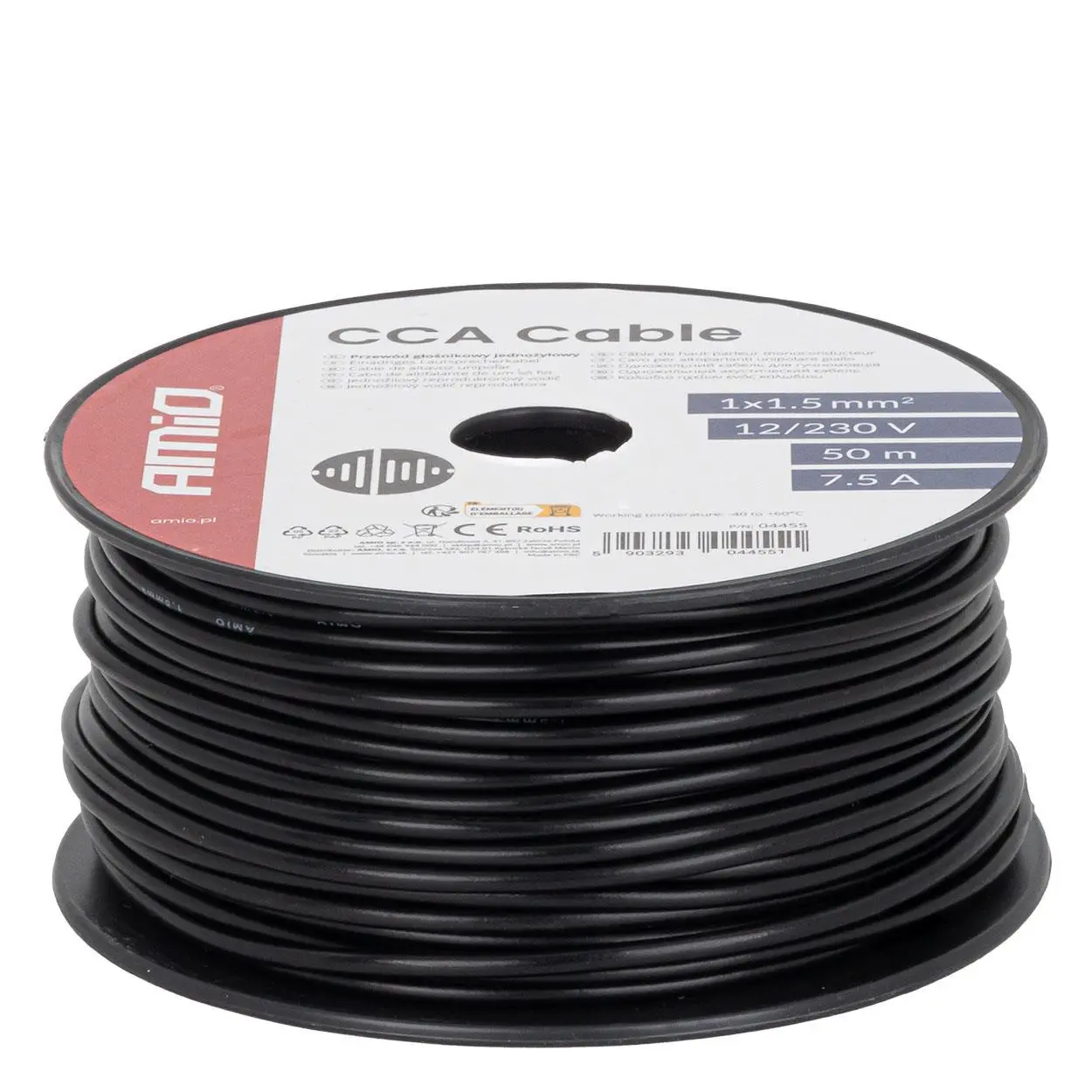 Reproduktorový kabel černý jednožilový CCA 1x1.5mm2 50m 7.5A 12/230V AMiO-04455