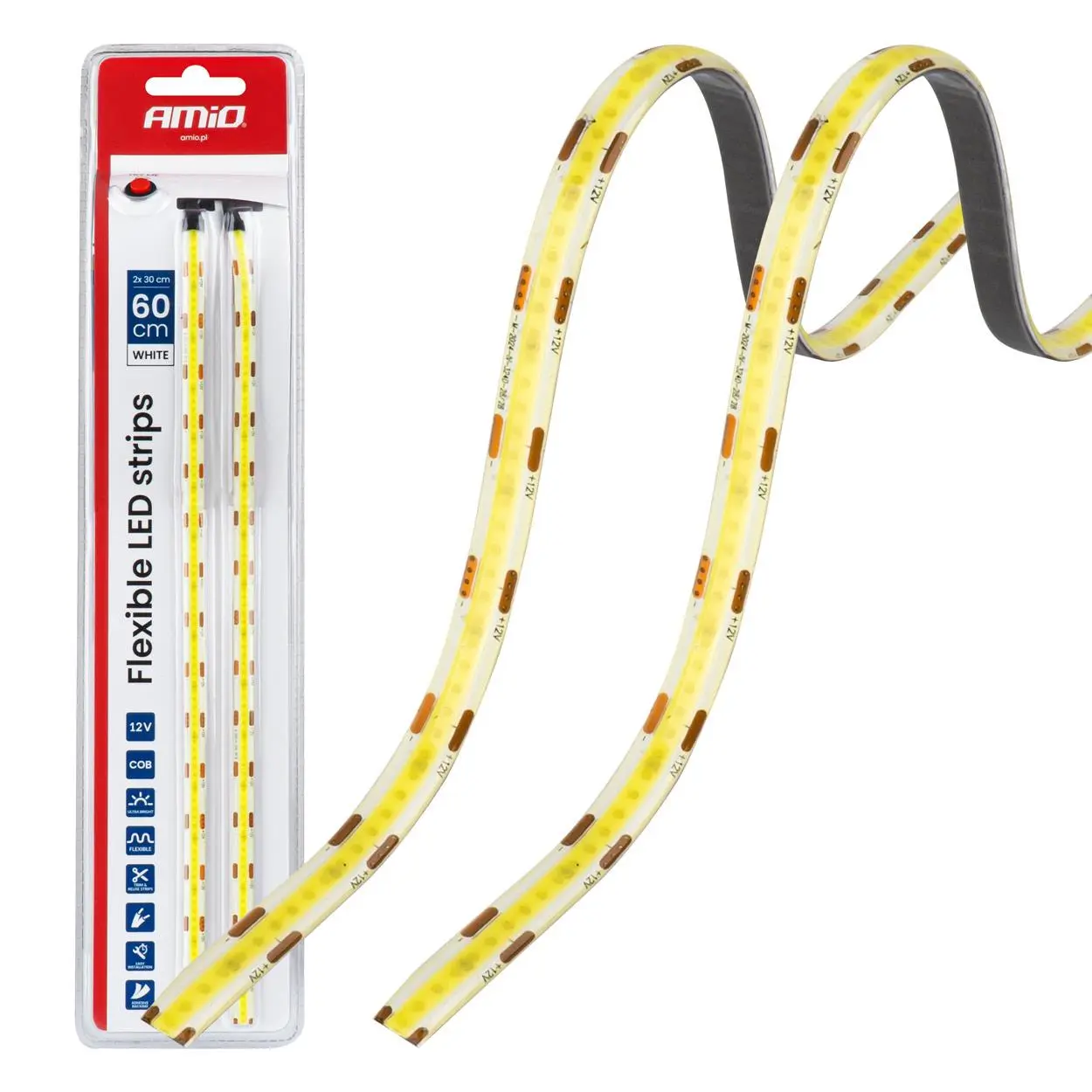 LED pásky COB do auta bílá 2x30 cm 12 V AMiO-04569