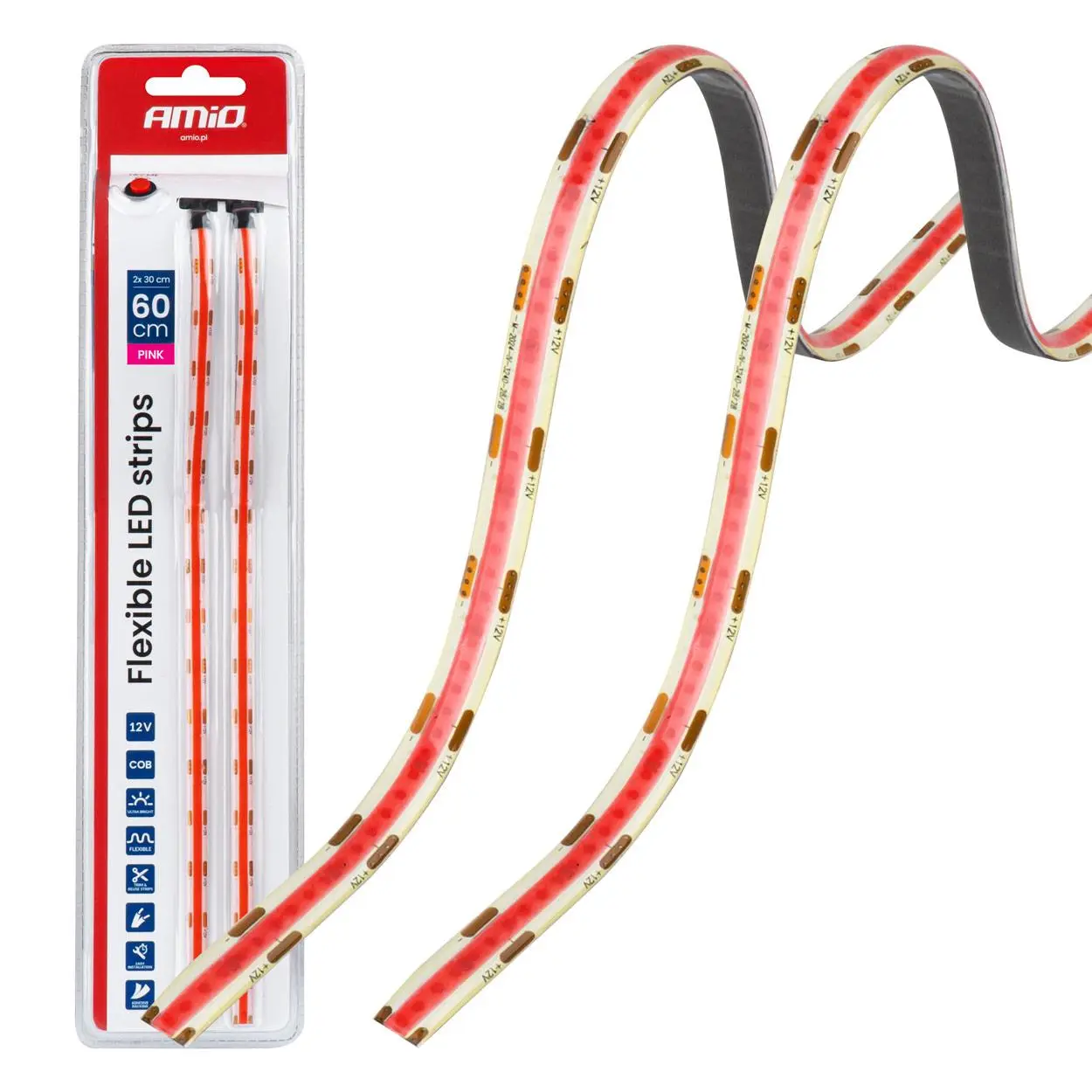 LED pásky COB do auta růžová 2x30 cm 12 V AMiO-04570