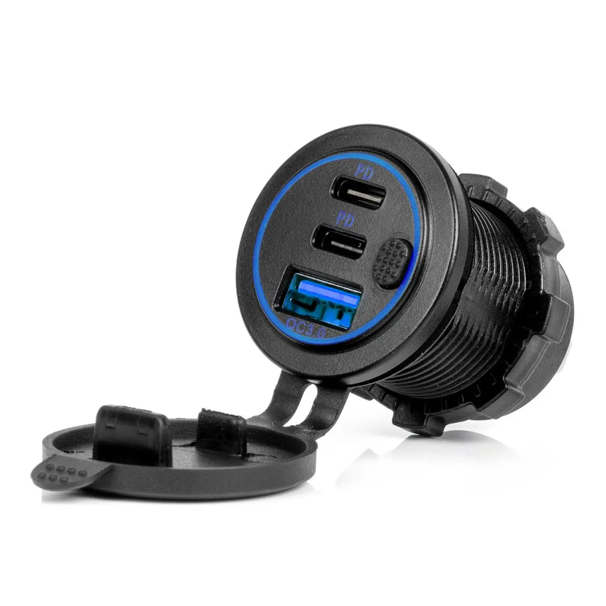 Vodotěsná nabíječka na telefon s vypínačem MODRÁ LED podsvícení USB + 2xUSB C QC3.0 12/24V AMiO-04596