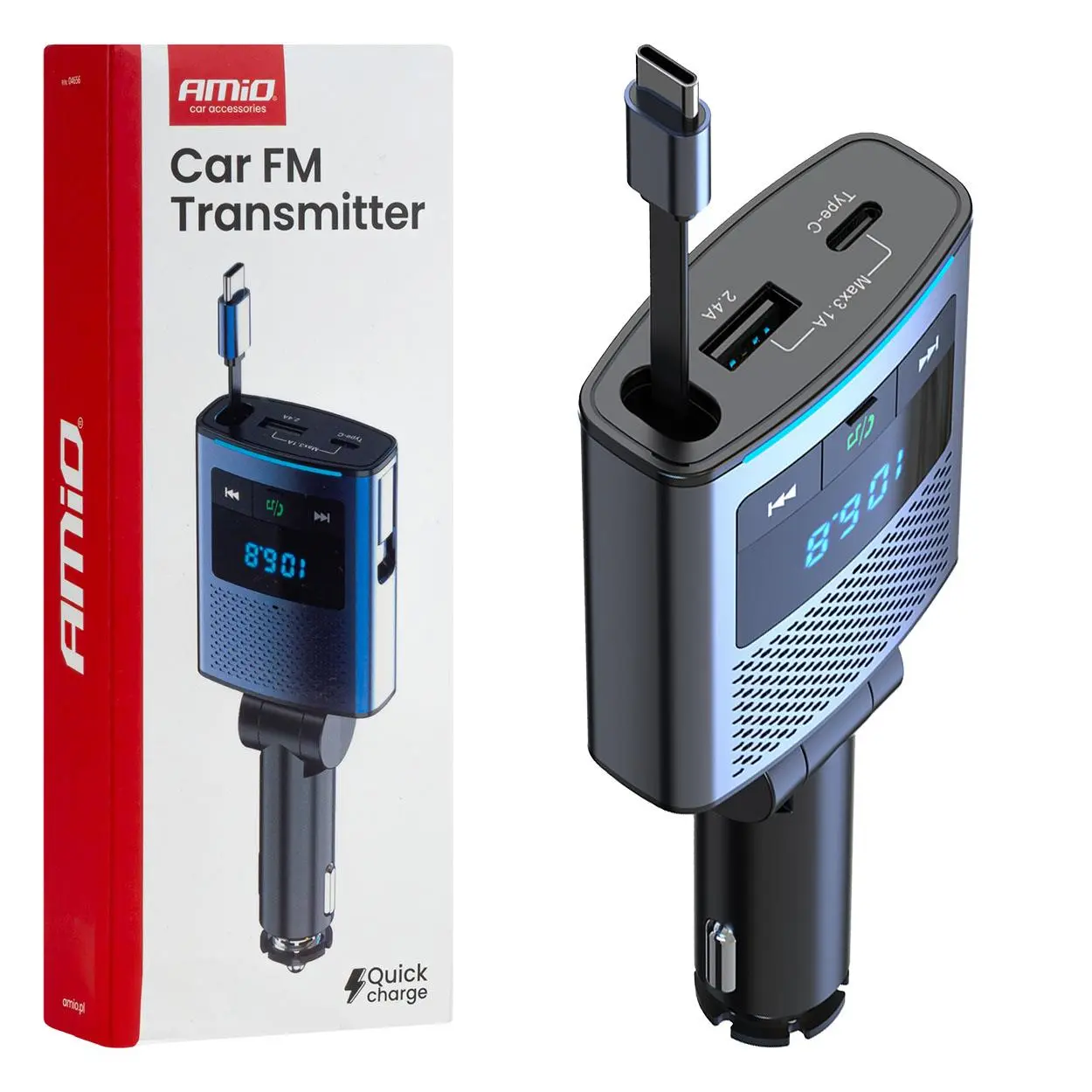 FM transmitter 1×USB-A 1×USB-C 12/24V AMiO-04656