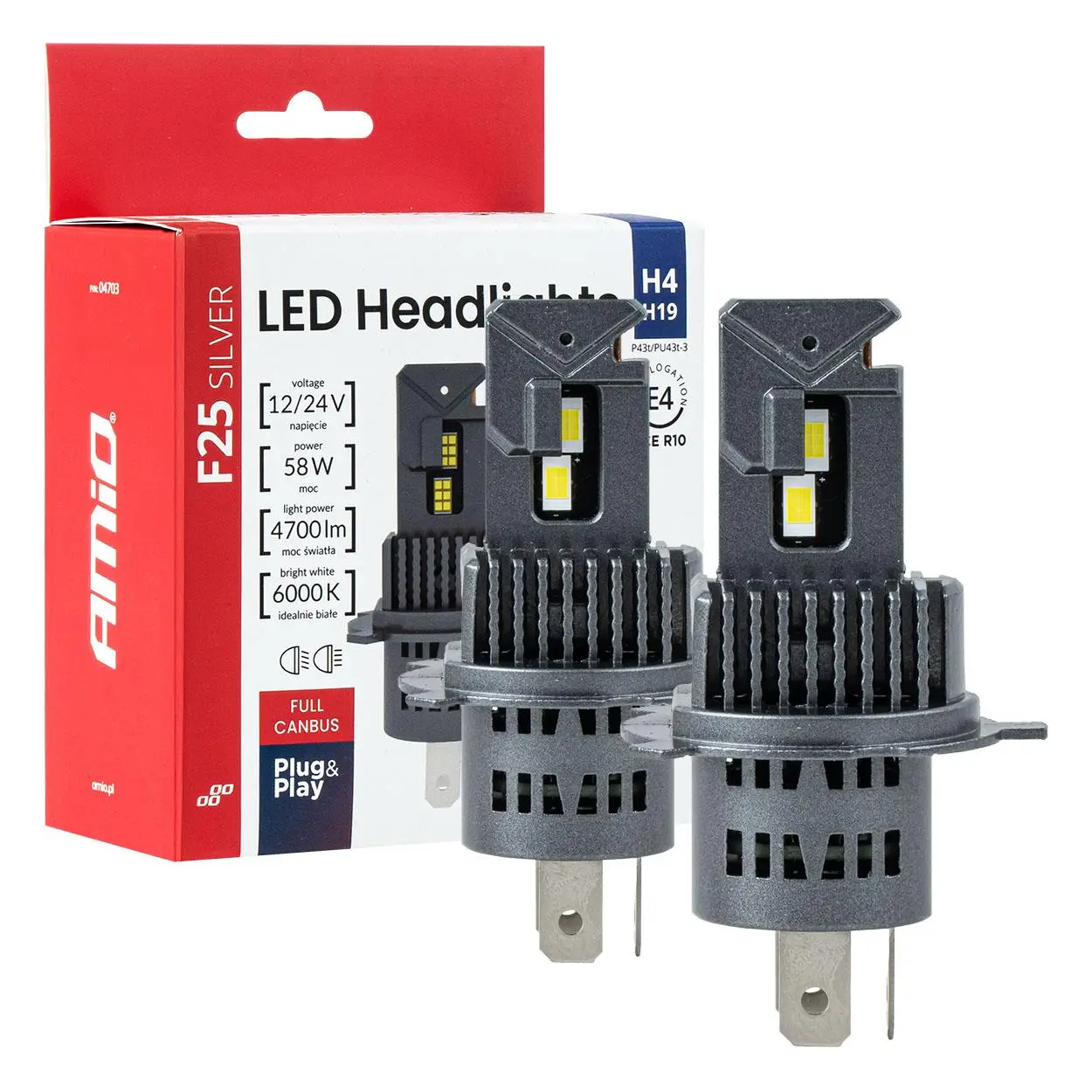 LED žárovky hlavního svícení F25 SILVER CANBUS H4/H19 54/58W 12V 24V AMiO-04703
