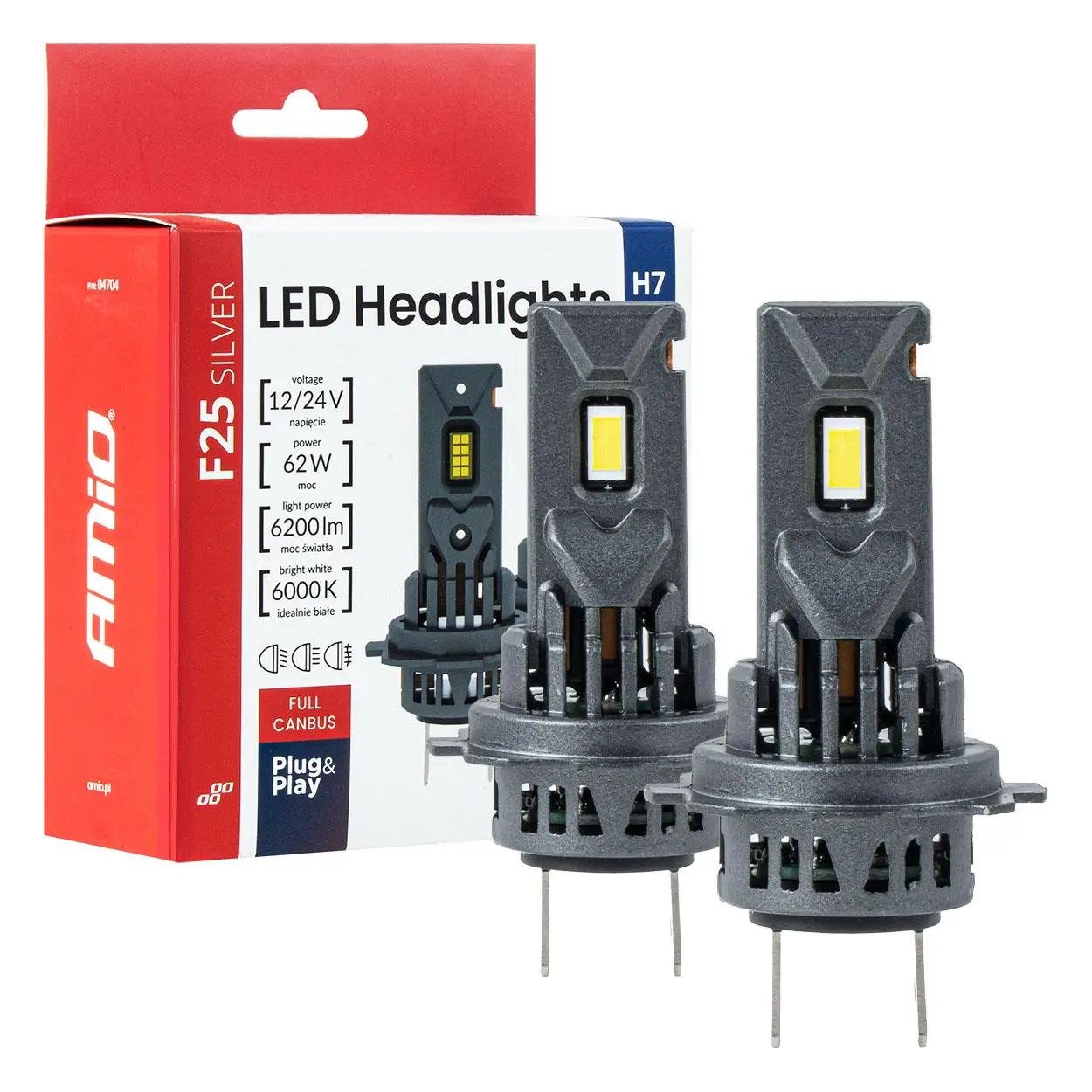 LED žárovky hlavního svícení F25 SILVER CANBUS H7/H18 62W 12V 24V AMiO-04704