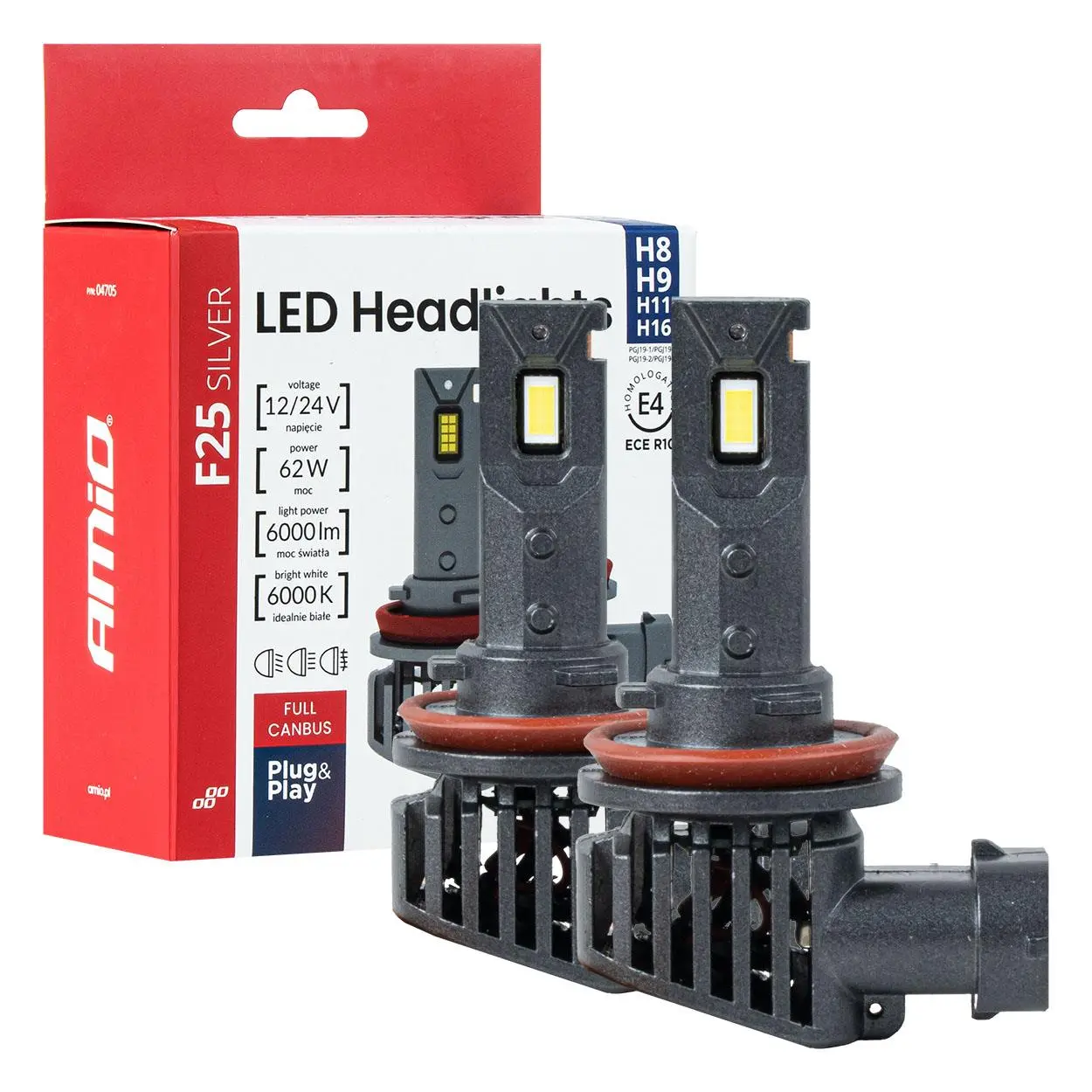 LED žárovky hlavního svícení F25 SILVER CANBUS H8/H9/H11/H16 62W 12/24V AMiO-04705