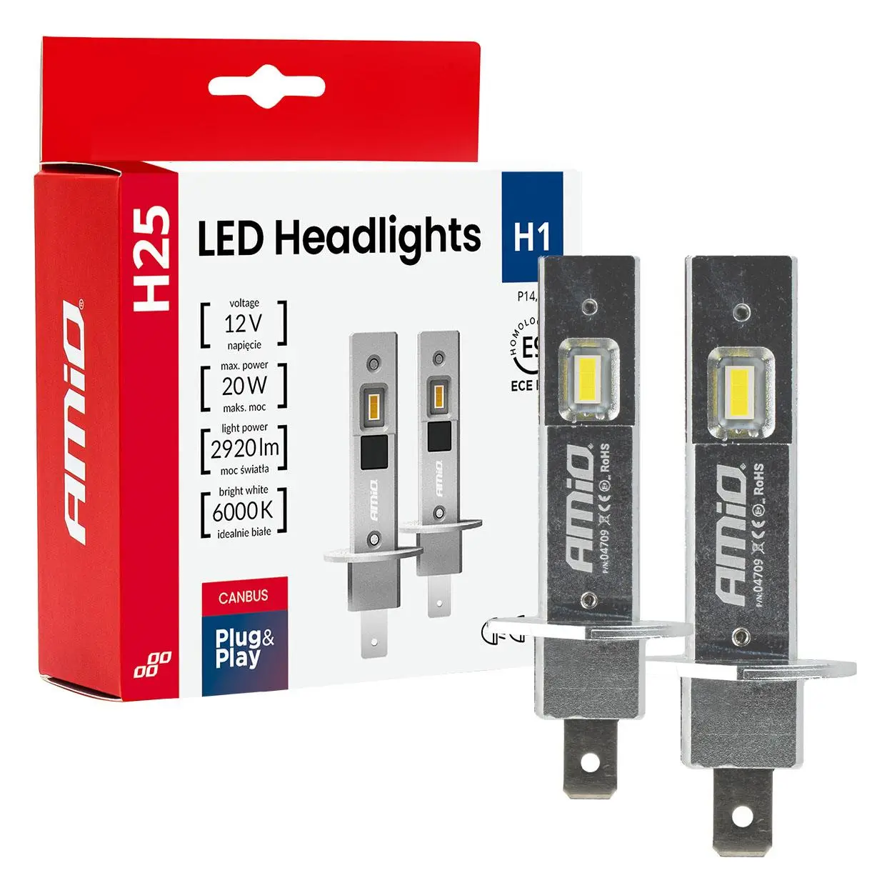 LED žárovky hlavního svícení Série H25 CANBUS H1 12V 20W AMIO-04709