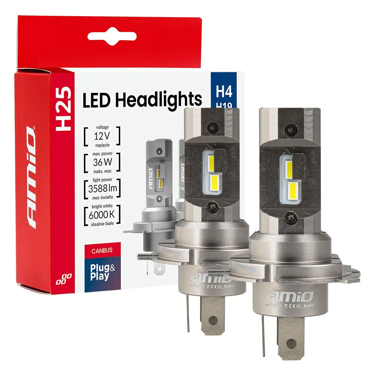 LED žárovky hlavního svícení Série H25 CANBUS H4 H19 12V 36W AMIO-04711