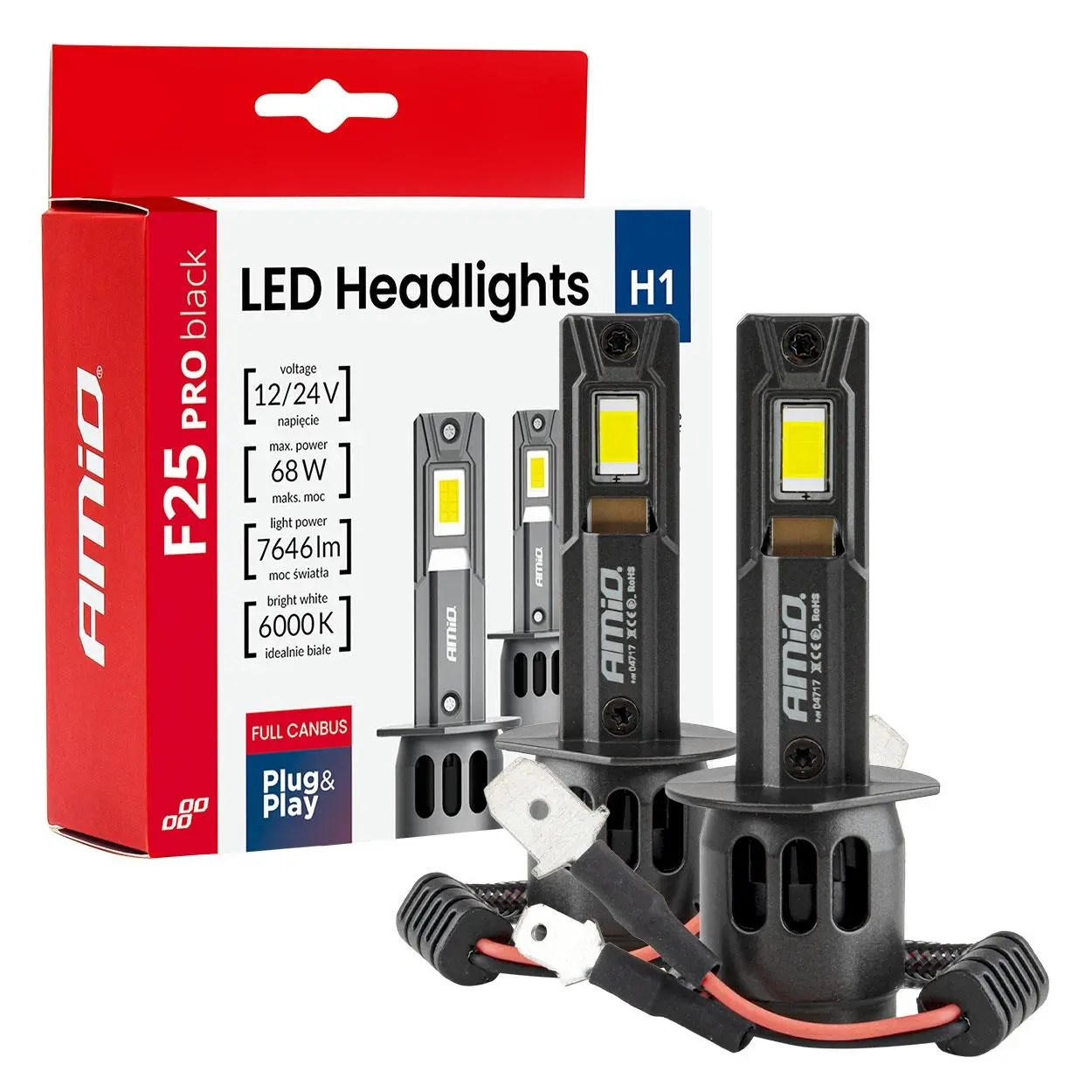 LED žárovky hlavního svícení Série F25 PRO BLACK FULL CANBUS H1 68W 12V 24V AMIO-04717