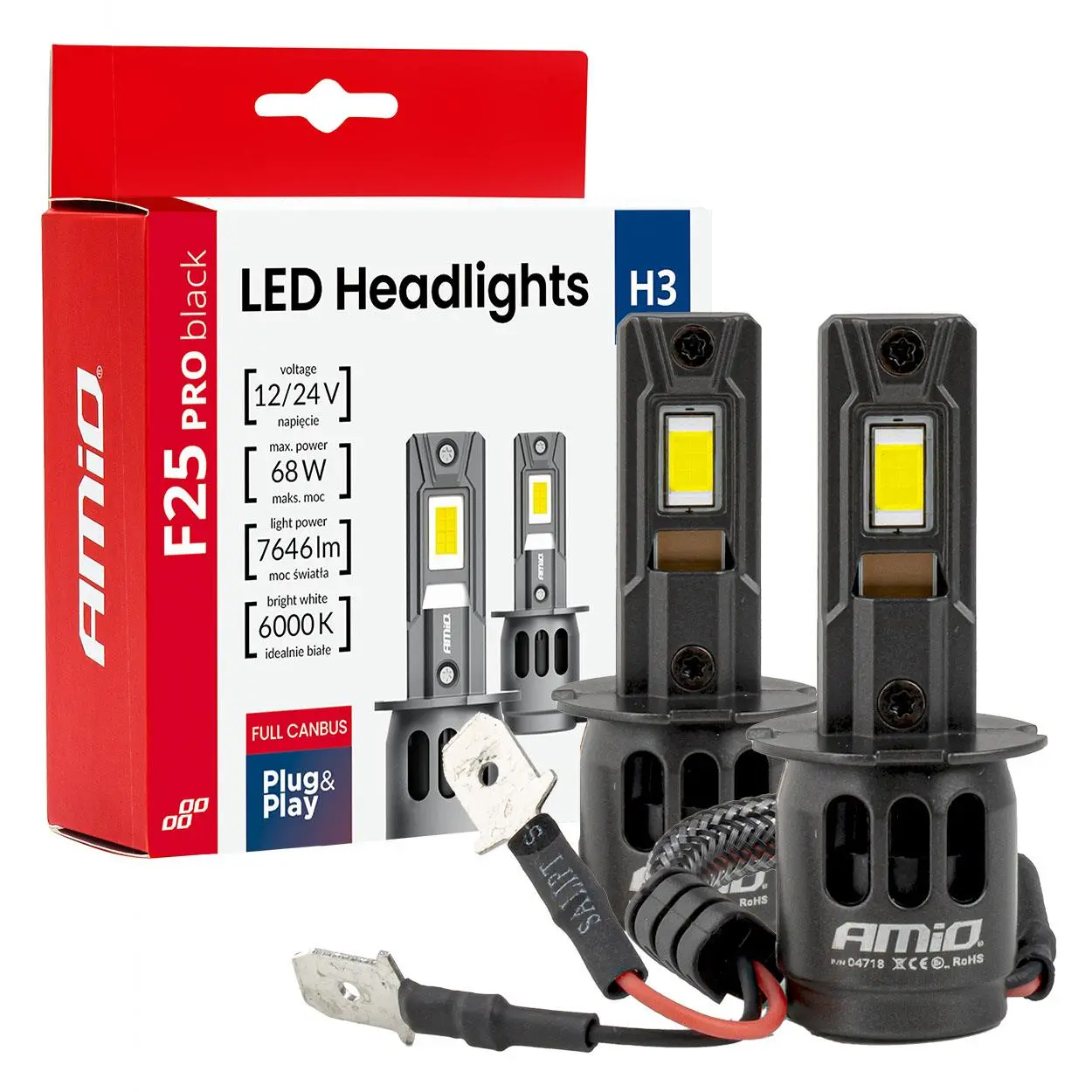 LED žárovky hlavního svícení Série F25 PRO BLACK FULL CANBUS H3 68W 12V 24V AMIO-04718