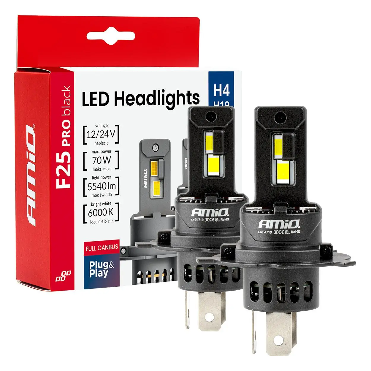 LED žárovky hlavního svícení Série F25 PRO BLACK FULL CANBUS H4 H19 70W 12V 24V AMIO-04719