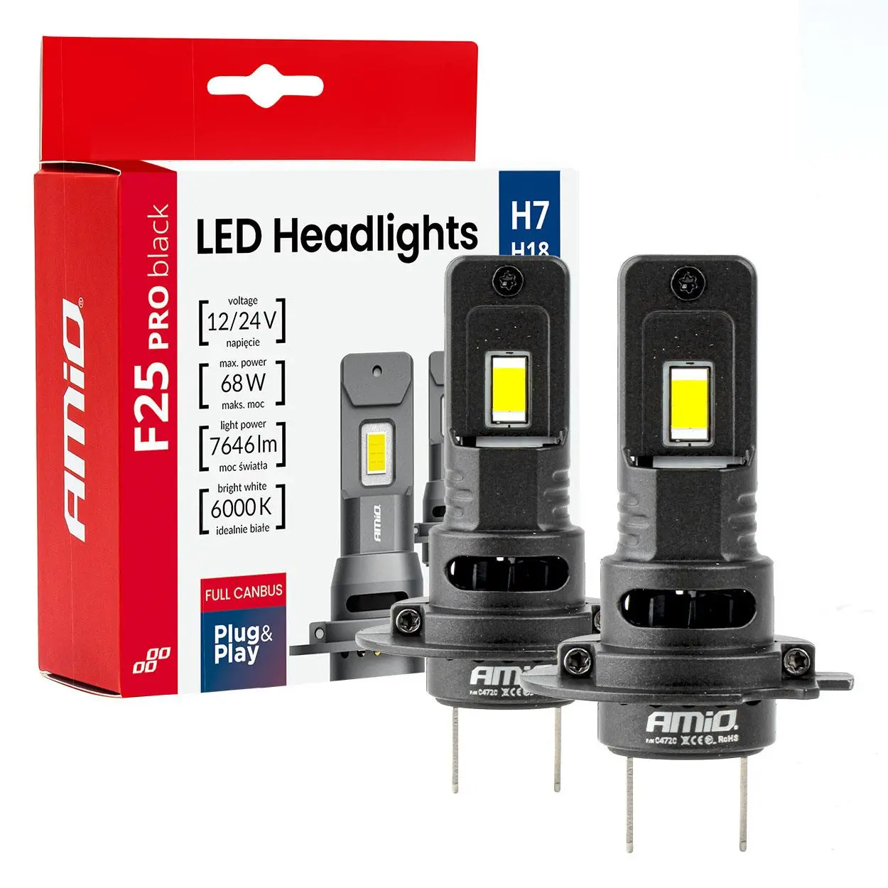 LED žárovky hlavního svícení Série F25 PRO BLACK FULL CANBUS H7 68W 12V 24V AMIO-04720