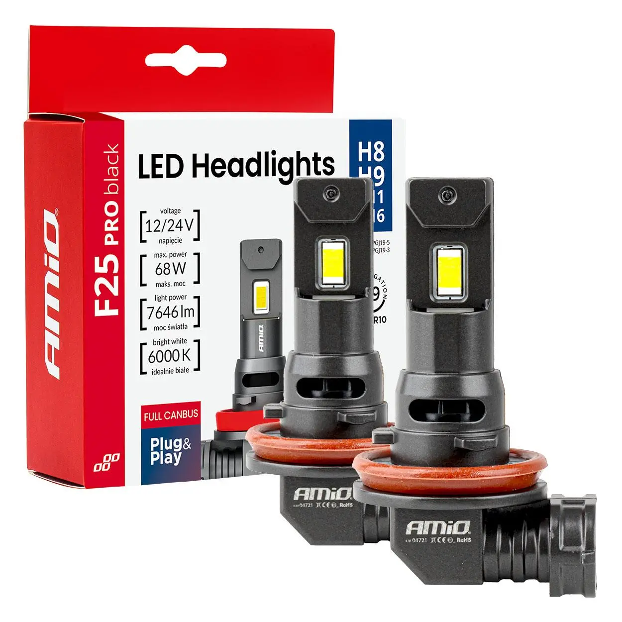 LED žárovky hlavního svícení Série F25 PRO BLACK FULL CANBUS H8 H9 H11 H16 68W 12V 24V AMIO-04721