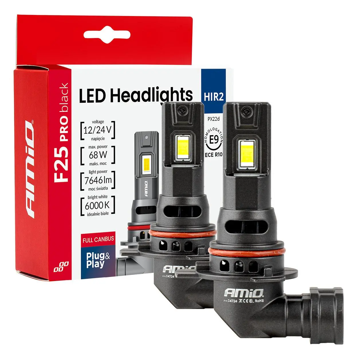 LED žárovky hlavního svícení Série F25 PRO BLACK FULL CANBUS HIR2 68W 12V 24V AMIO-04724