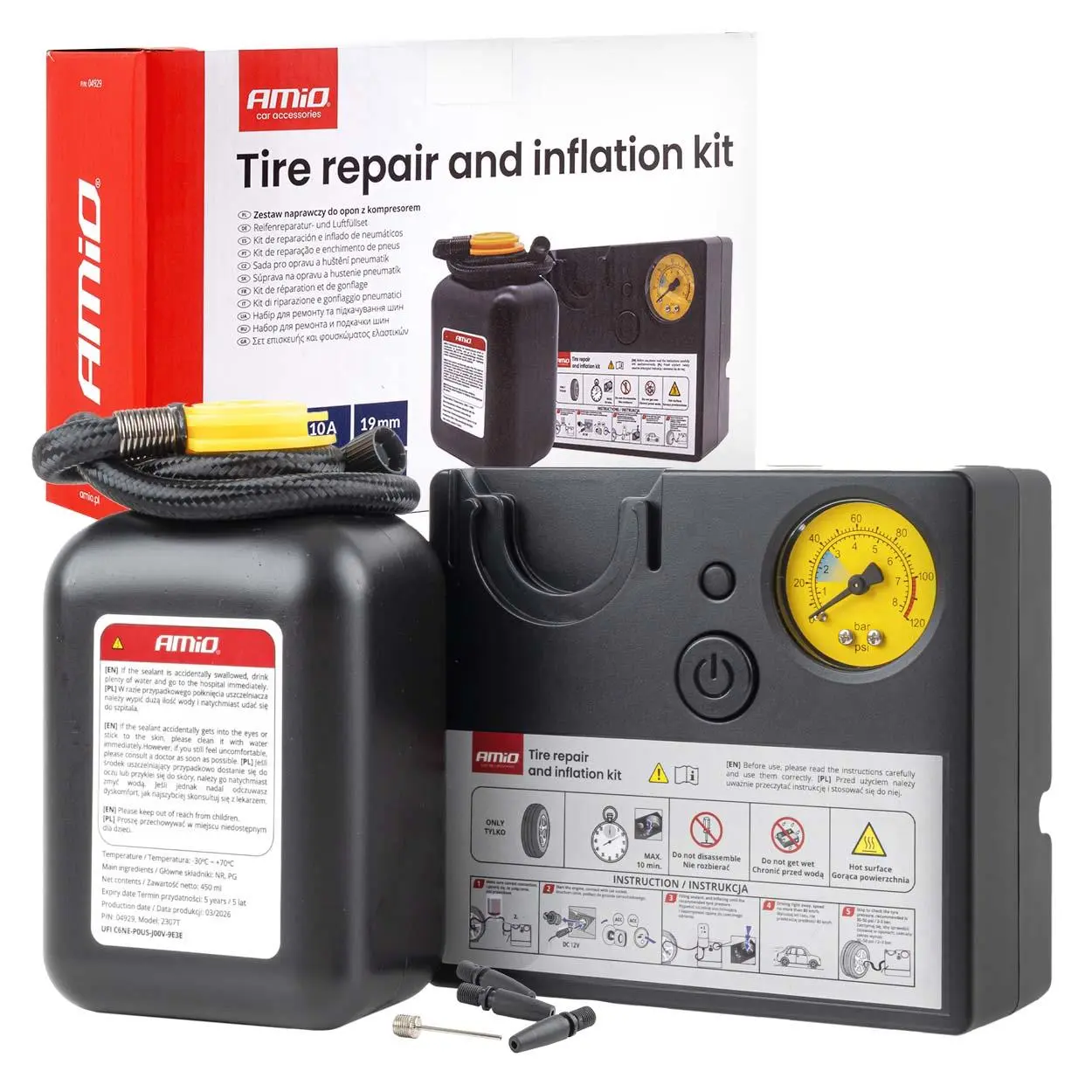 Sada na opravu a hustění pneumatik 19 mm 12 V AMiO 04929