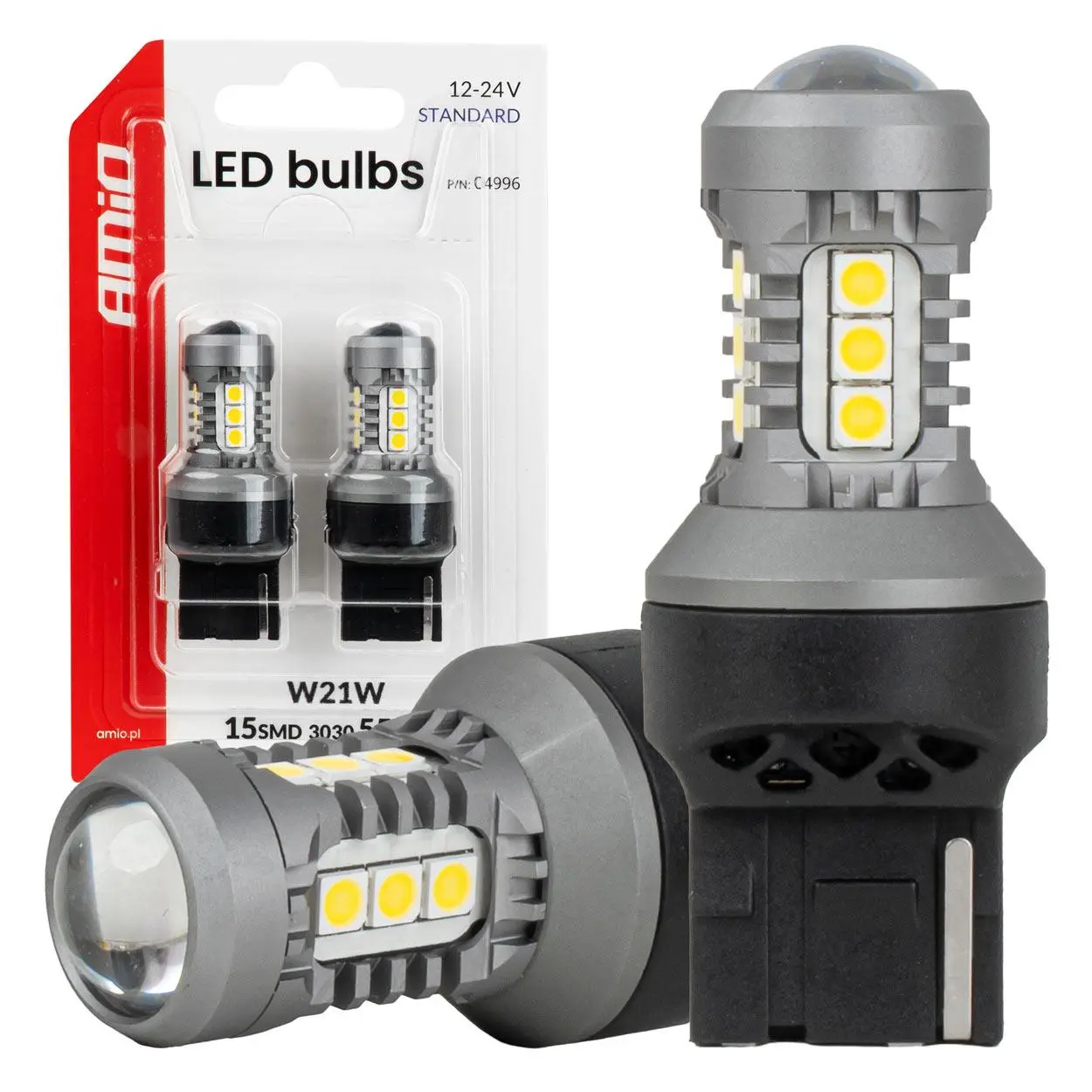 LED žárovky STANDARD 7440 W21W 3030 15SMD Bílá 12/24V AMiO-04996