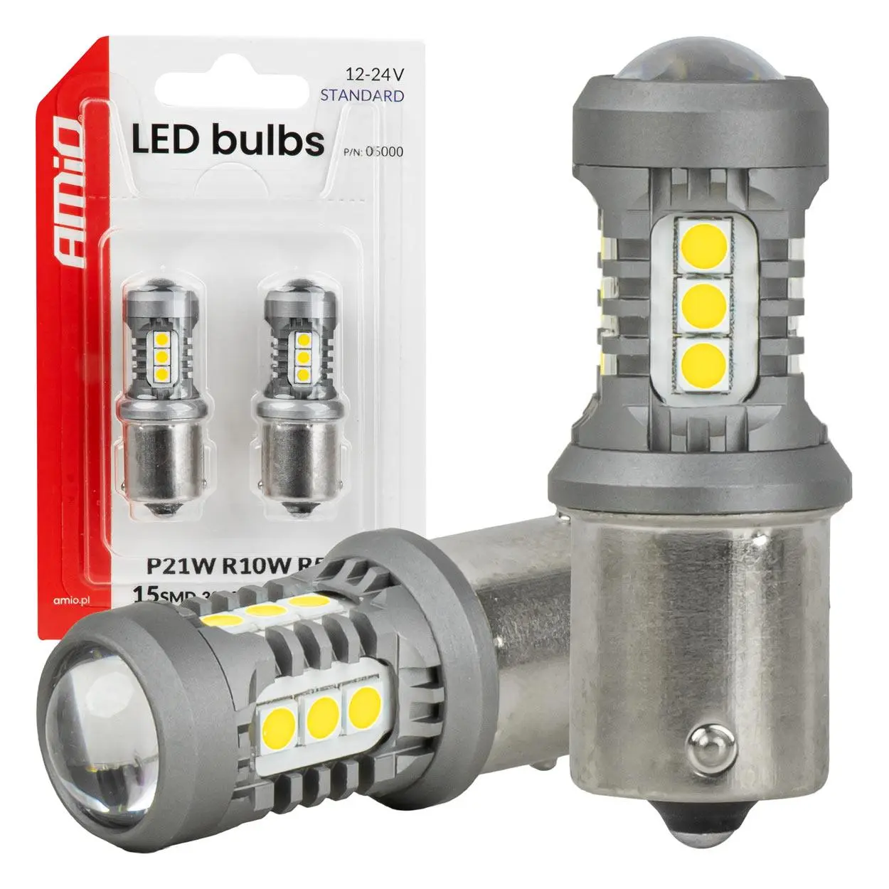 LED žárovky STANDARD BA15S P21W 3030 15SMD Bílá 12/24V AMiO-05000
