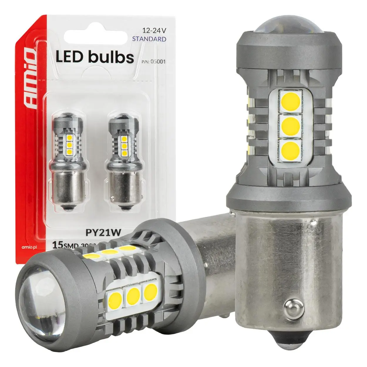 LED žárovky STANDARD BAU15S PY21W 3030 15SMD Bílá 12/24V AMiO-05001