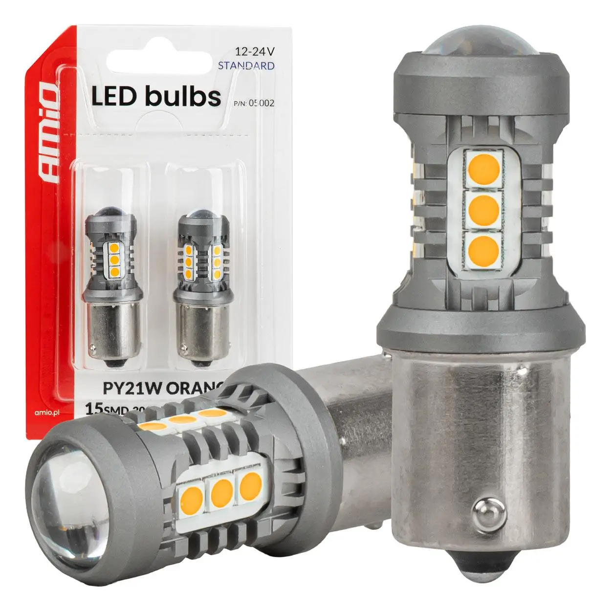 LED žárovky STANDARD BAU15S PY21W 2x1860SMD 3030 15SMD Oranžová 12/24V AMiO-05002