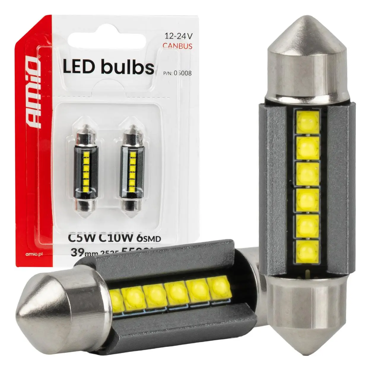 LED žárovky CANBUS 39mm 2525 6SMD White 12/24V AMiO-05008