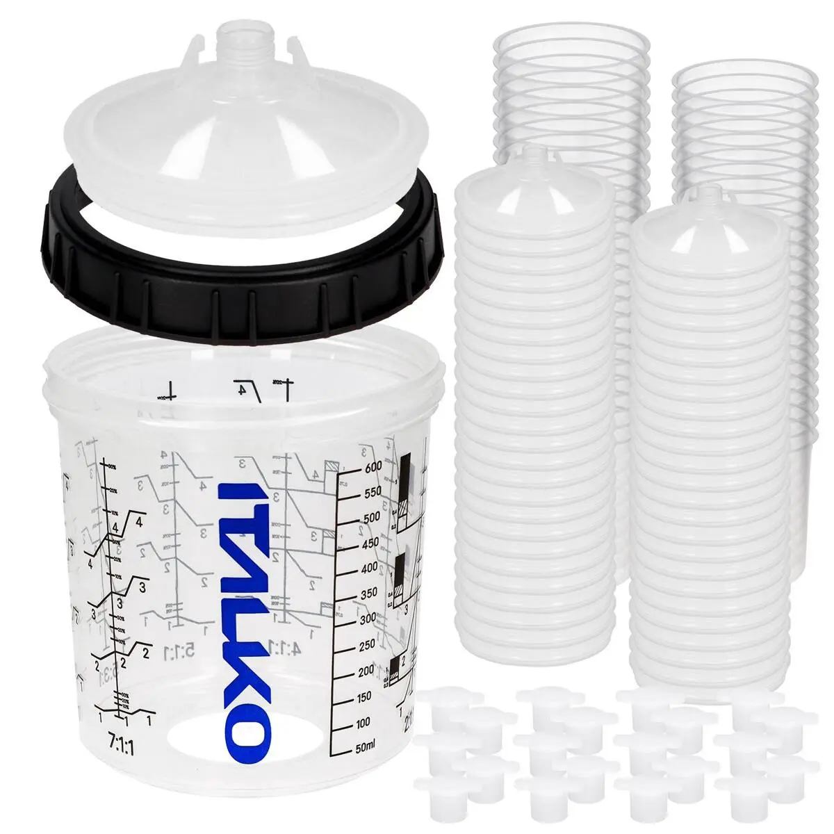 Sada míchacích pohárů ITALKO do stříkací pistole, 1 odměrná nádoba, 50 ks, 650 ml, 190 mikronů 96510
