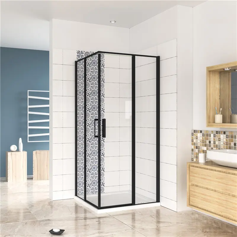 H K Čtvercový sprchový kout BLACK SAFIR R101, 100x100, se dvěma jednokřídlými dveřmi s pevnou stěnou, rohový vstup SE-BLACKSAFIRR101