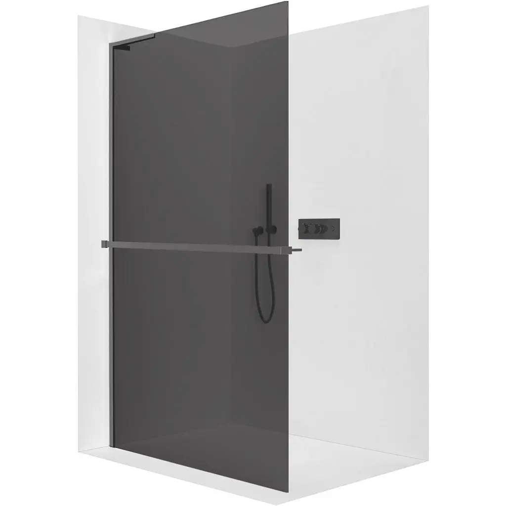Sprchová zástěna Walk-in Onyx L-levá vzpěra - 8 mm + polička/držák na ručníky - černá matná, grafitové sklo - 160x200 cm