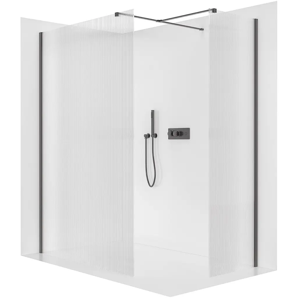 Sprchová zástěna Walk-in Onyx T L/P - 8 mm - hranatá vzpěra - černá matná, rýhované sklo - 80x50x200 cm