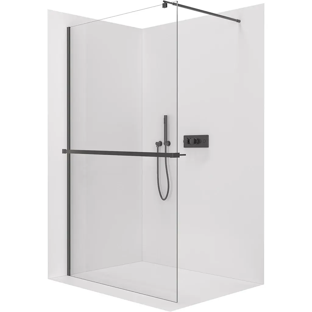 CERANO Sprchová zástěna Walk-in Onyx Round L/P 10 mm + polička/držák na ručníky kulatá vzpěra černá matná, transparentní sklo 160x200 CER-9040B1083