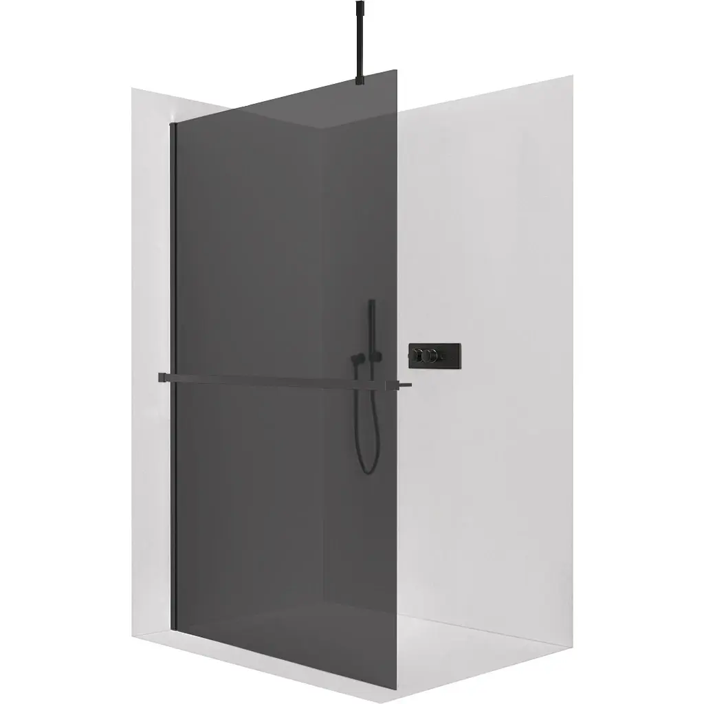 Sprchová zástěna Walk-in Onyx Top Cube L/P - 10 mm - hranatá vzpěra + polička/držák na ručníky - černá matná, grafitové sklo - 130x200 cm