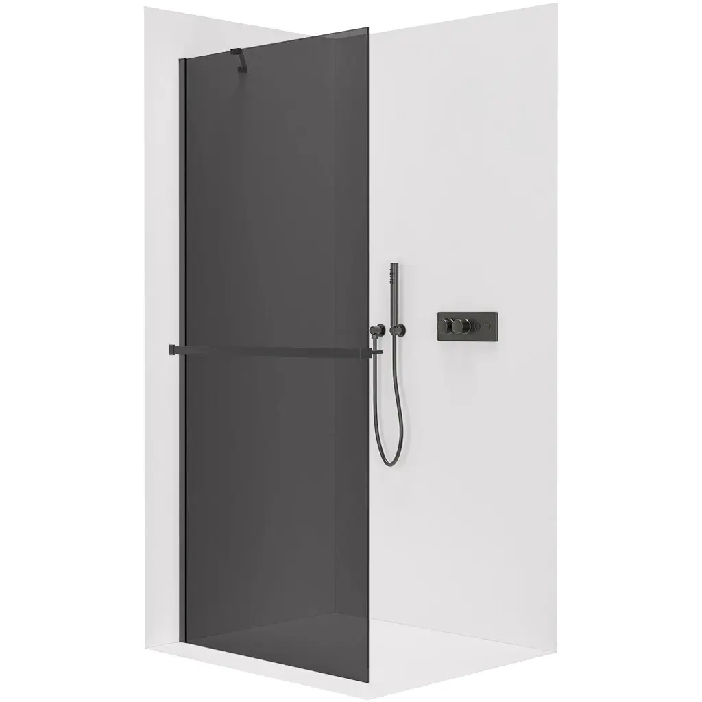 Sprchová zástěna Walk-in Onyx Y L/P - 10 mm + polička/držák na ručníky - černá matná, grafitové sklo - 140x200 cm