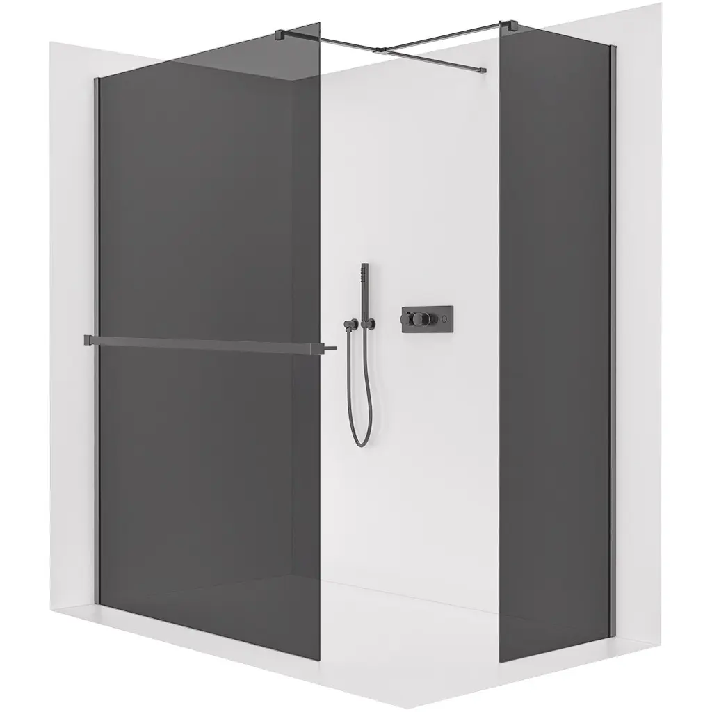 CERANO Sprchová zástěna Walk-in Onyx T L/P 10 mm hranatá vzpěra + polička/držák na ručníky černá matná, grafitové sklo 160x150x200  CER-8050BD9421